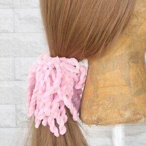 HAND CRAFTED Hair Scrunchie Fringe Crochet Kids Chenille Oversized Pastel Pink